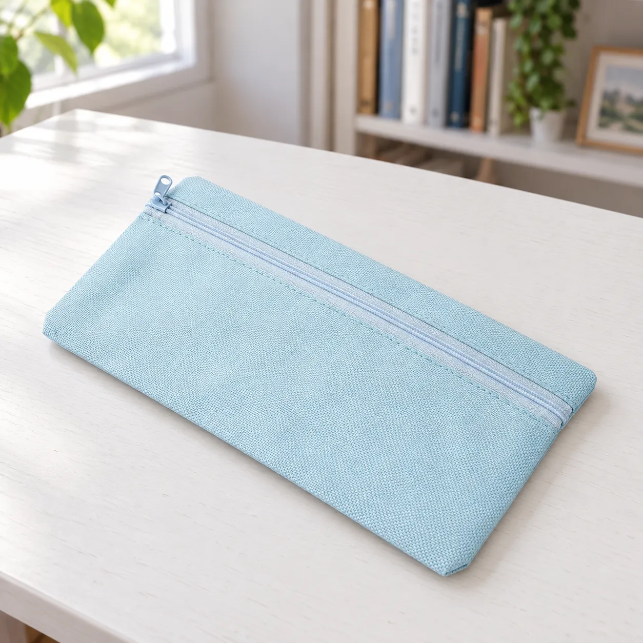 Light-blue canvas pencil pouch lying flat on a white writing desk, with one matching zipper.