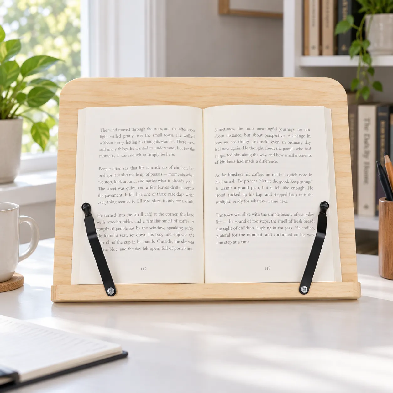 Pine stand supporting an open book; book not included