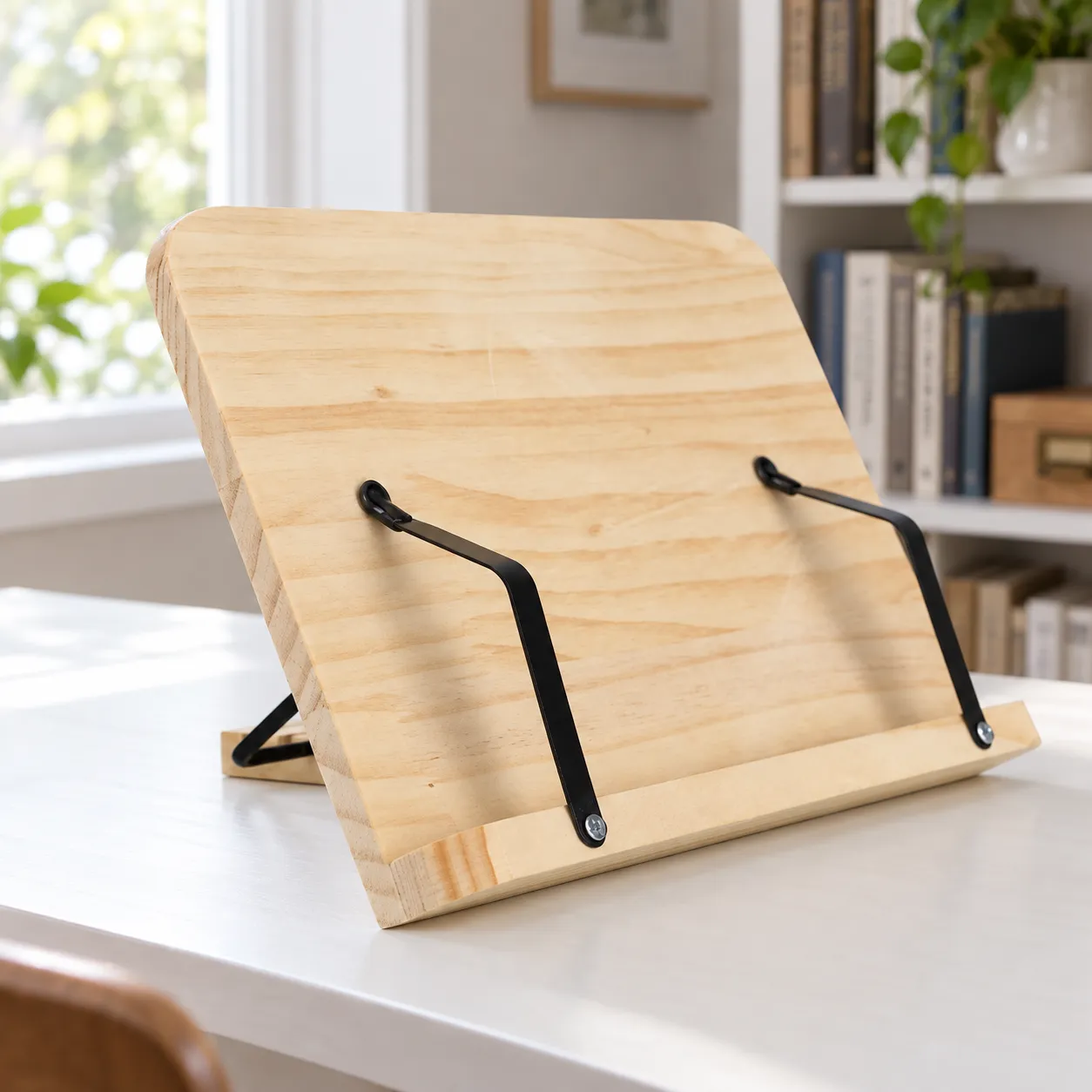 Small pine reading stand with two black page retainers