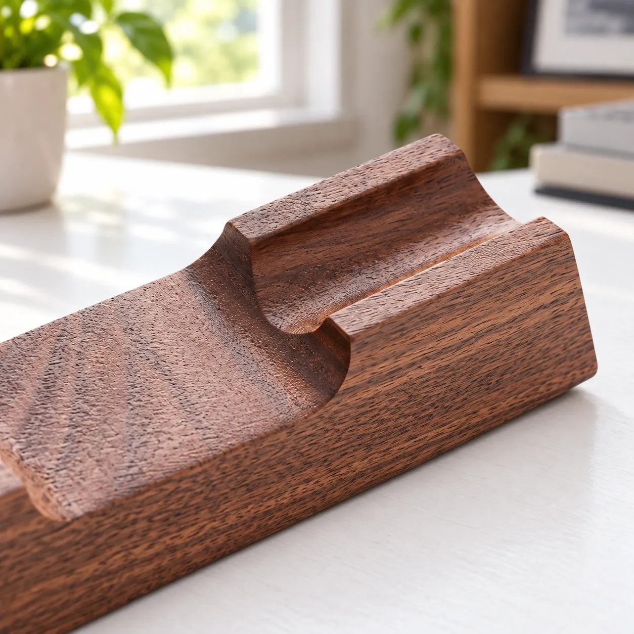 Close view of the walnut grain and curved pen channel
