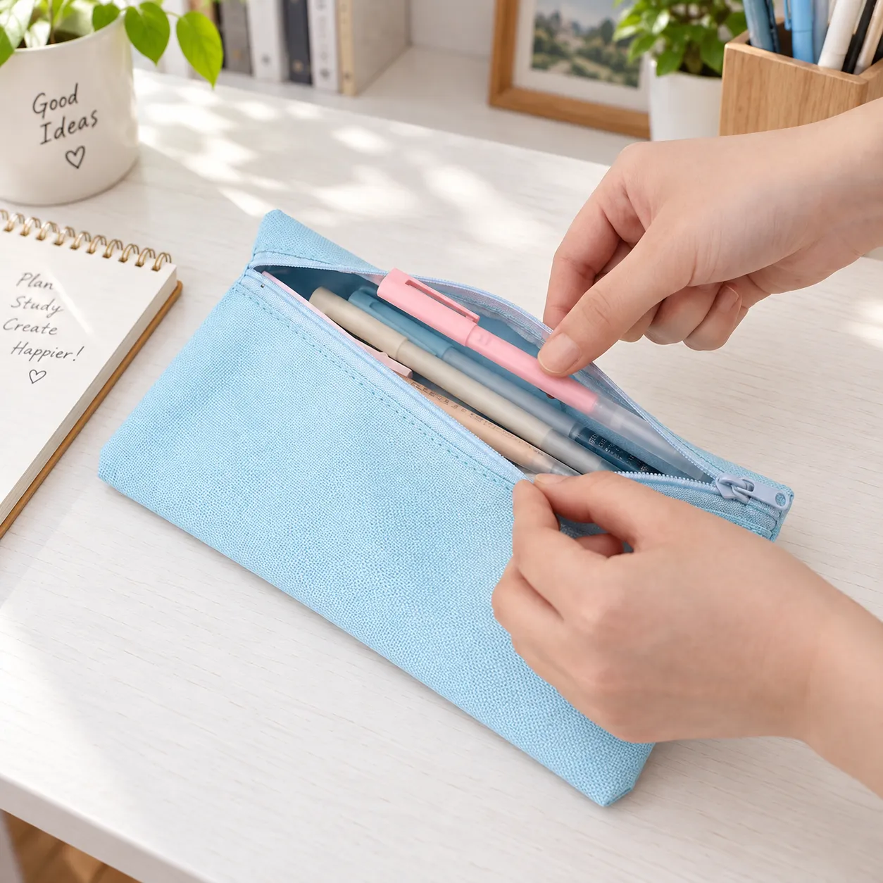 Hands placing a pen into the open light-blue pouch; pens and desk objects are not included
