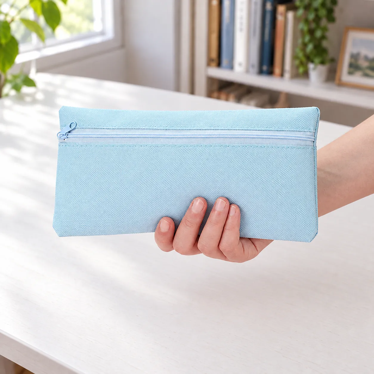 Entire light-blue pencil pouch supported in one hand for scale